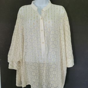 Tory Burch Women's 14 Plus Sheer Cream Gold Glitter Short Sleeve Oversized Sheer